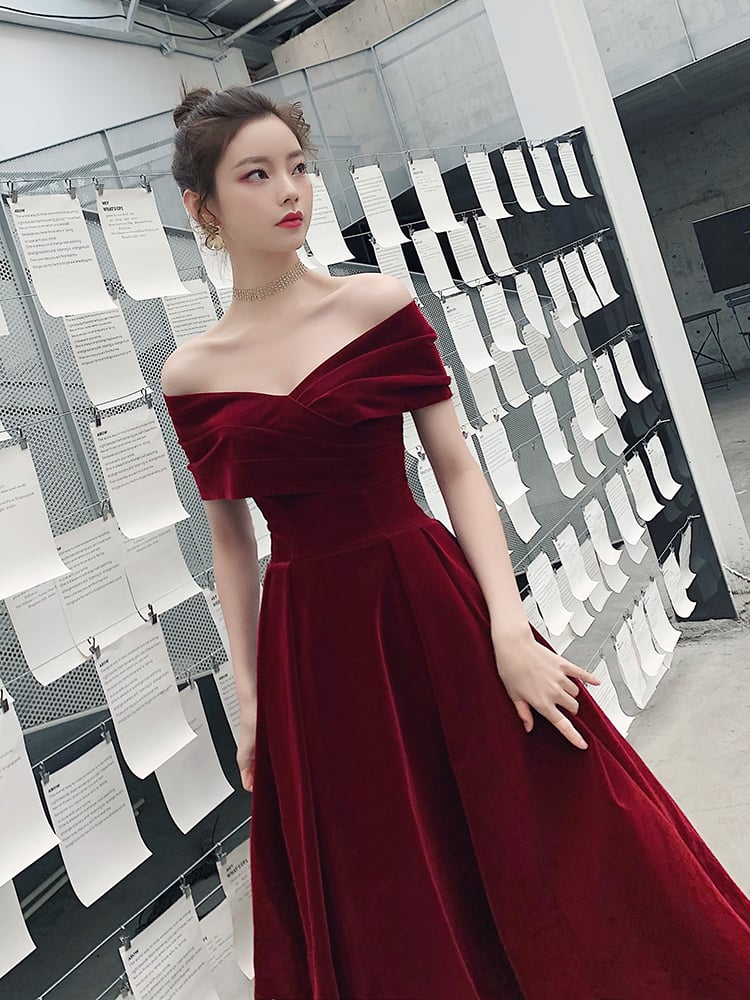 Beautiful Burgundy Long Velvet Prom Dress, Off Shoulder Wedding Party Dress