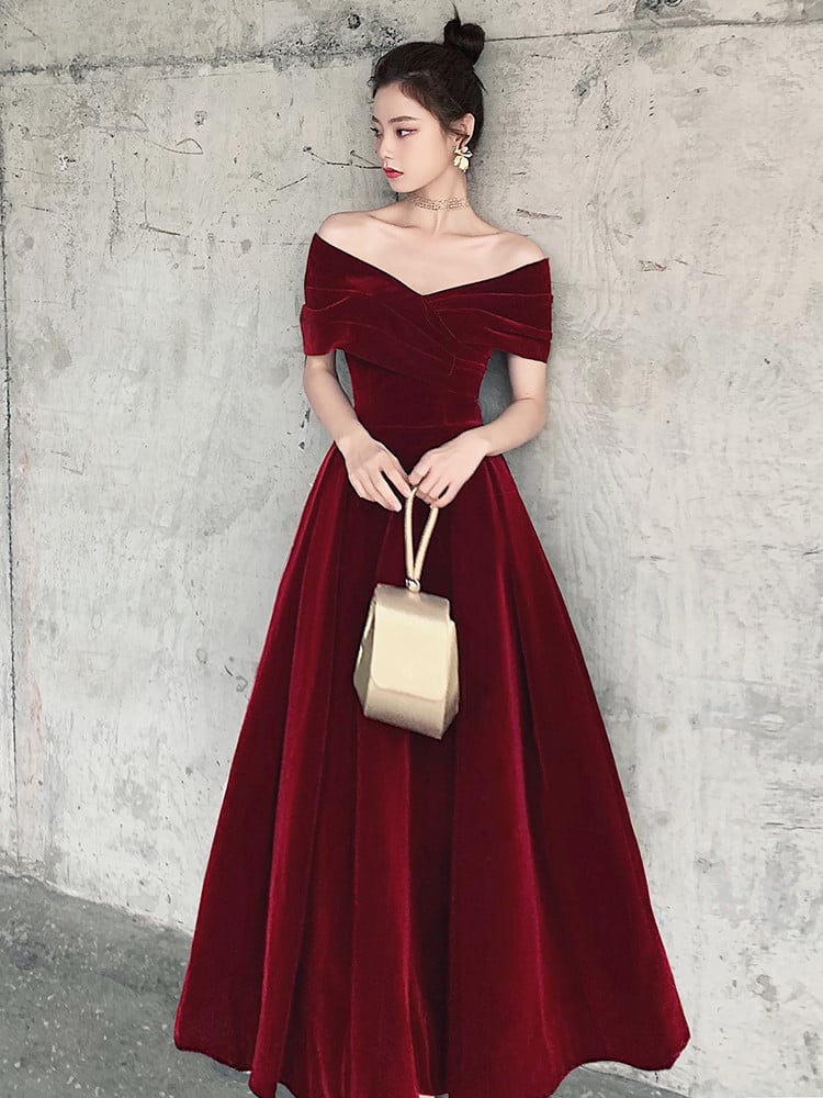 red velvet off the shoulder prom dress