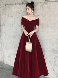 Image 1 of Beautiful Burgundy Long Velvet Prom Dress, Off Shoulder Wedding Party Dress