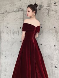 Image 3 of Beautiful Burgundy Long Velvet Prom Dress, Off Shoulder Wedding Party Dress