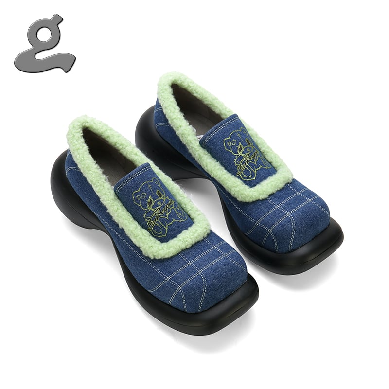 Image of Shiny bear printing denim platform shoes"magician"