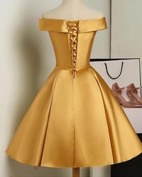 Image 2 of Golden Cute Satin Short Party Dress, Knee Length Off Shoulder Prom Dress