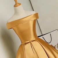 Image 3 of Golden Cute Satin Short Party Dress, Knee Length Off Shoulder Prom Dress