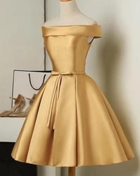 Image 1 of Golden Cute Satin Short Party Dress, Knee Length Off Shoulder Prom Dress