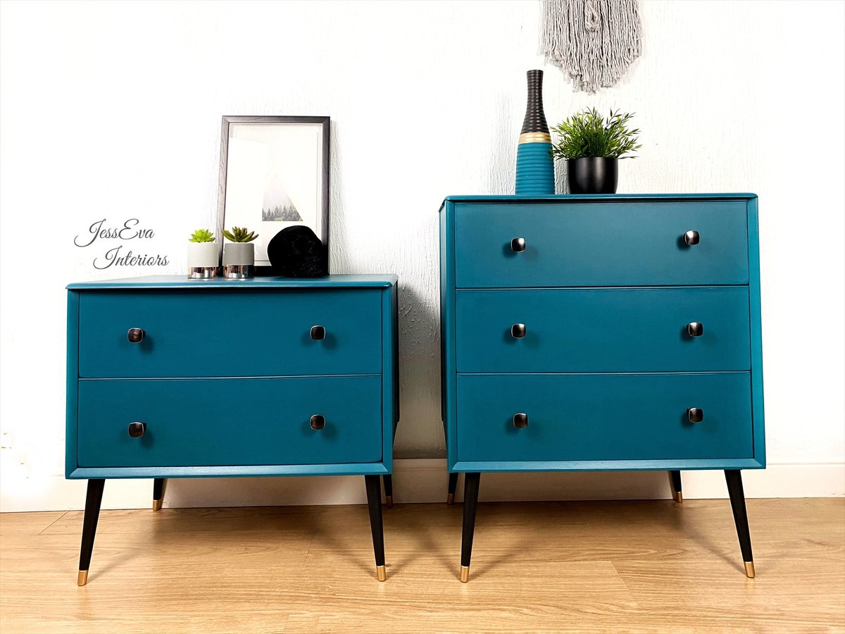 Vintage Retro Mid Century Painted Teal Blue Pair of Chest of Drawers Large Bedside Tables