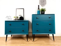 Image 1 of Vintage Retro Mid Century Painted Teal Blue Pair of Chest of Drawers Large Bedside Tables