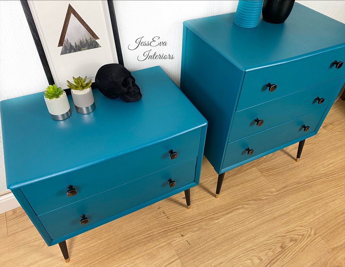 Vintage Retro Mid Century Painted Teal Blue Pair of Chest of Drawers Large Bedside Tables