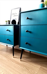 Image 3 of Vintage Retro Mid Century Painted Teal Blue Pair of Chest of Drawers Large Bedside Tables