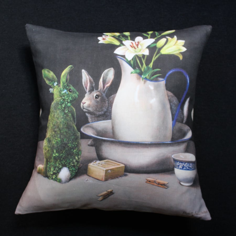 Image of Linen Green Rabbit Cushion