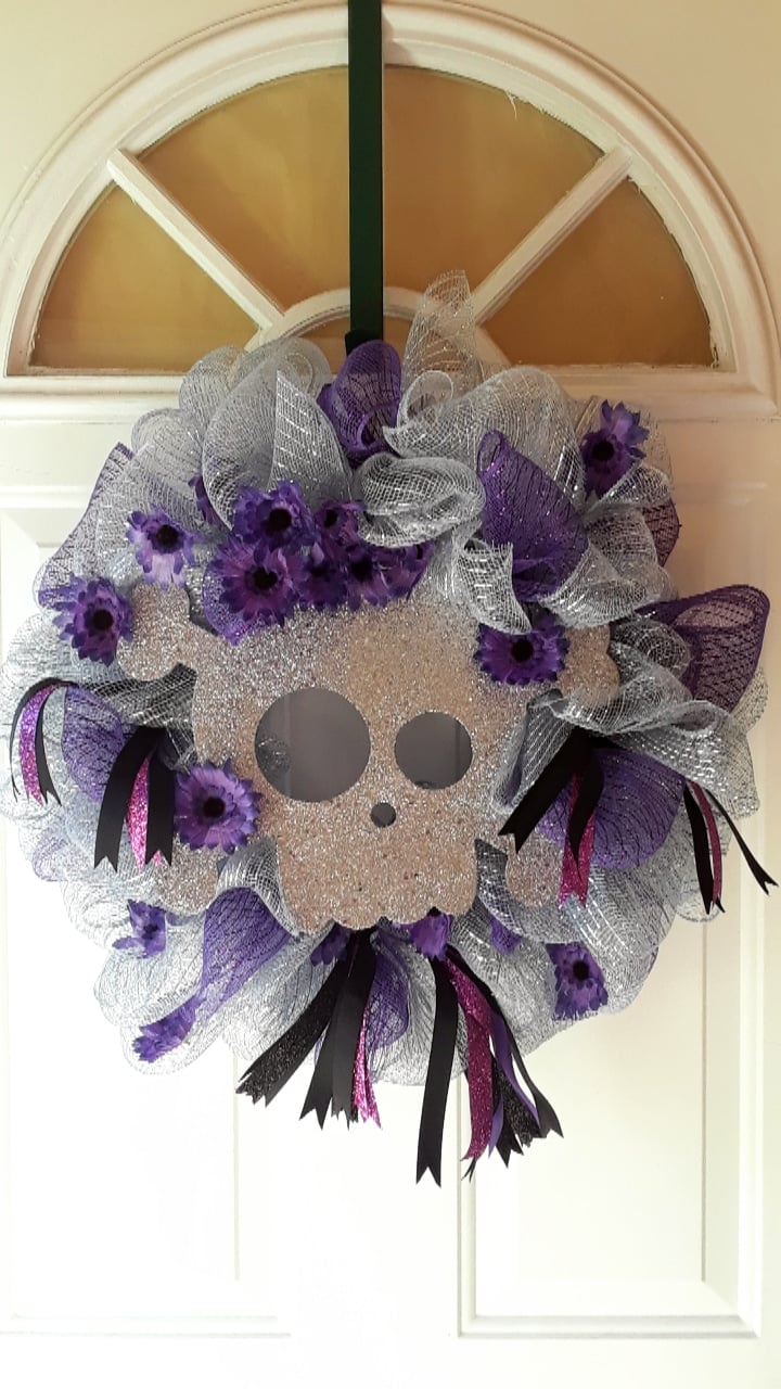 Image of Gray and Purple Skull Halloween Wreath