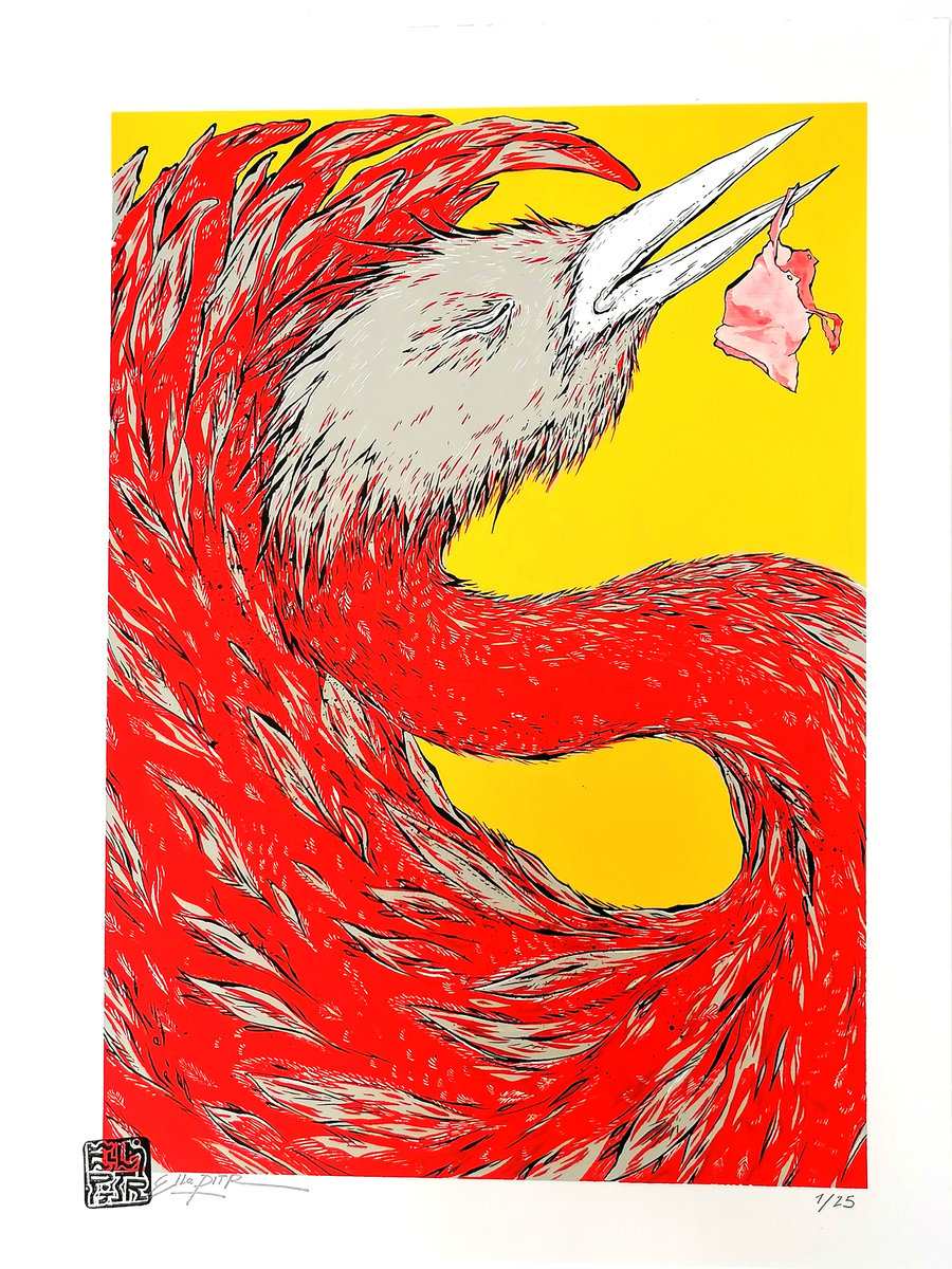 Image of "Oiseaux de printemps", jaune. Sérigraphie 4 couleurs, 48 x 36 cm. 