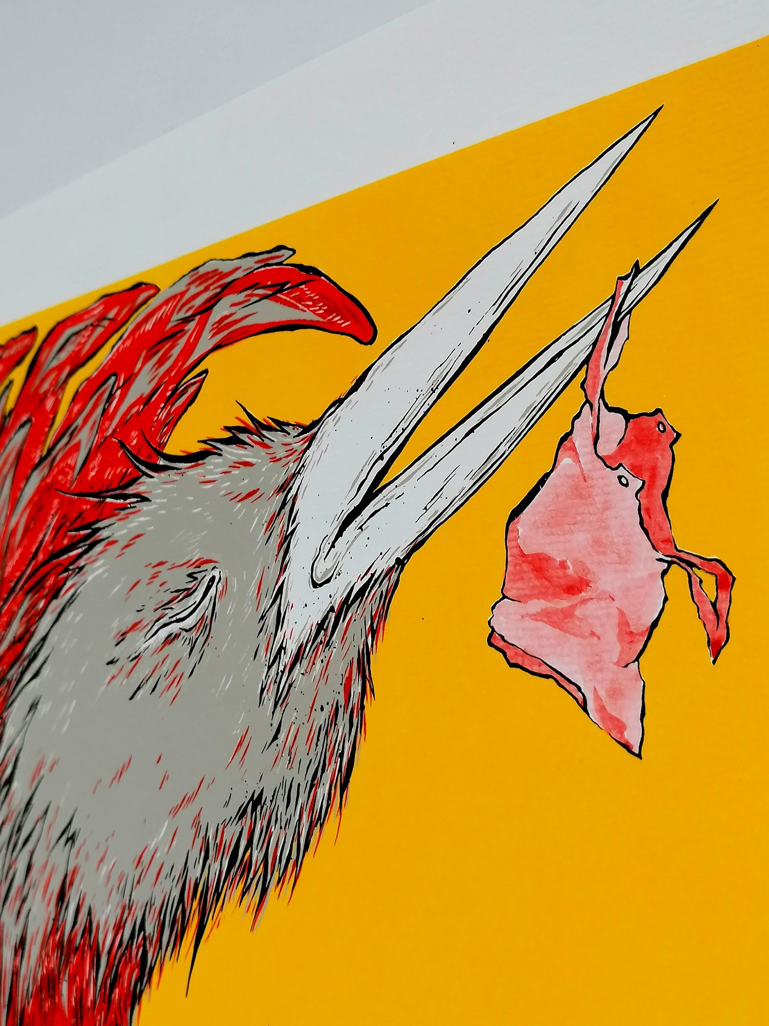 Image of "Oiseaux de printemps", jaune. Sérigraphie 4 couleurs, 48 x 36 cm. 