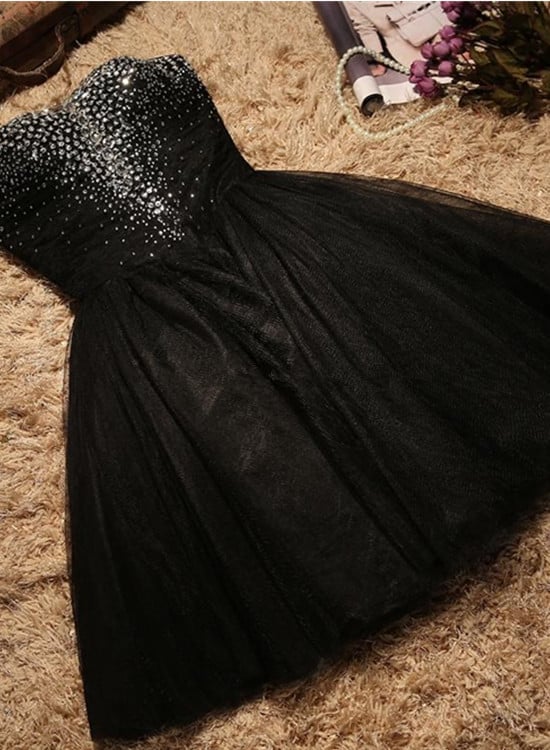 Cute Sweetheart Short Tulle Back Party Dress, Black Knee Length Prom Dress