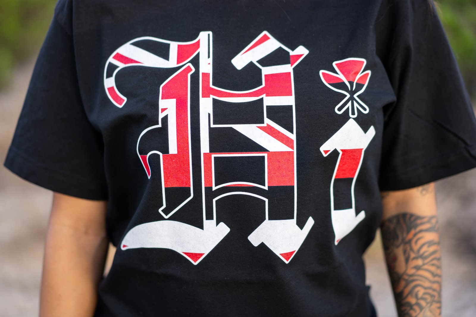 HI Old English Black Tee (Red/Black/White Flag) | Delight HI Old English Black Tee (Red/Black/White Flag) | Delight