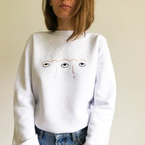 Image of Rain on us sweatshirt - hand embroidered organic cotton sweatshirt, Unisex, available in ALL sizes