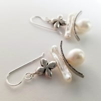 Image 2 of Freshwater Pearl + Textured Bar + Cross Earrings