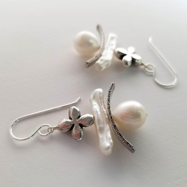 Freshwater Pearl + Textured Bar + Cross Earrings