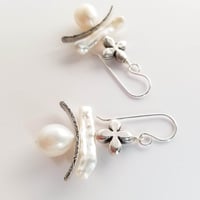 Image 3 of Freshwater Pearl + Textured Bar + Cross Earrings