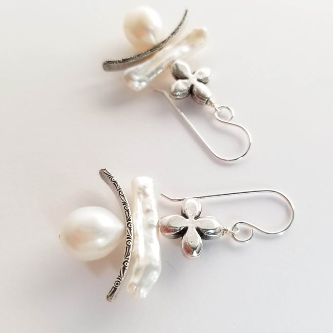 Freshwater Pearl + Textured Bar + Cross Earrings