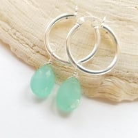 Image 2 of Silver Hoop + Aqua Chalcedony Earrings
