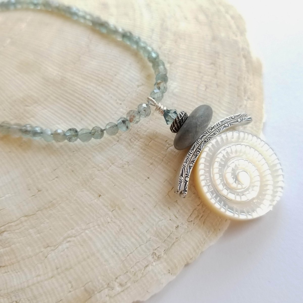 Apatite Necklace + Mother of Pearl Nautilus Pendant | Fresh Designs