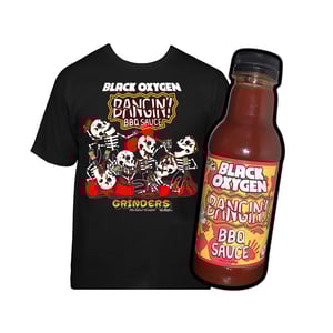 Image of BLACK OXYGEN x GRINDERS BANGIN' BBQ SAUCE/T-SHIRT COMBO PACK $25 (SAVE $5!)