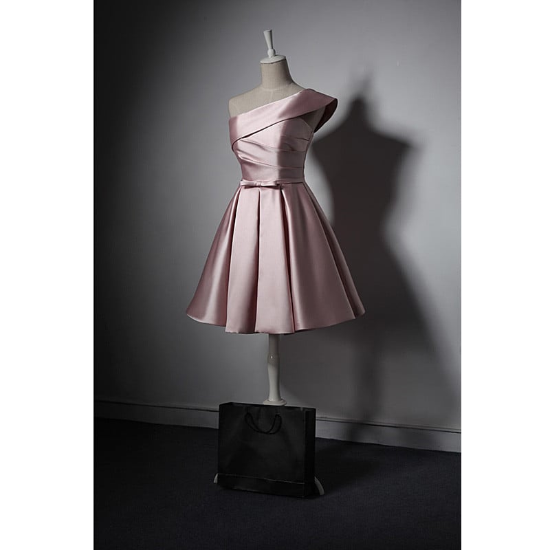Pink Fashionable Satin One Shoulder Short Party Dress, Pink Homecoming Dress