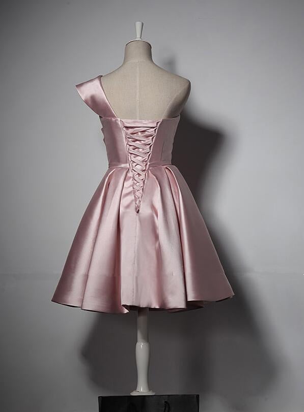 Pink Fashionable Satin One Shoulder Short Party Dress, Pink Homecoming Dress