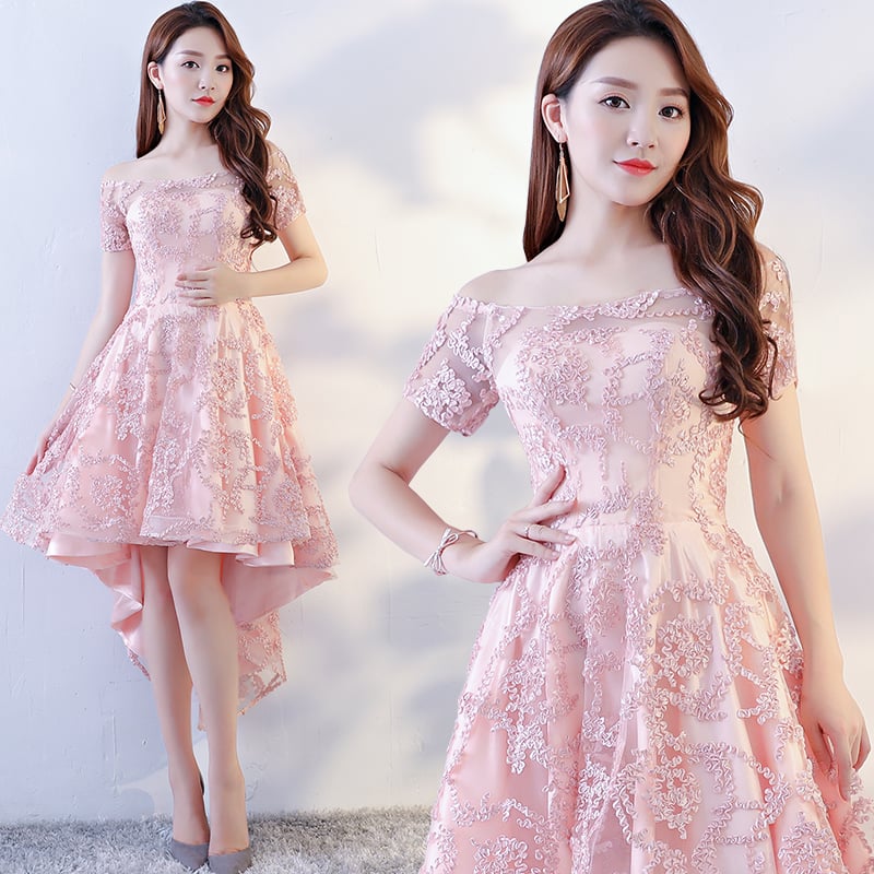 Pink Lace High Low Homecoming Dress, Off Shoulder Short Prom Dress