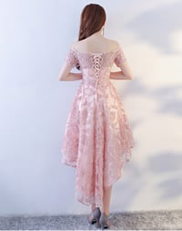 Image 3 of Pink Lace High Low Homecoming Dress, Off Shoulder Short Prom Dress