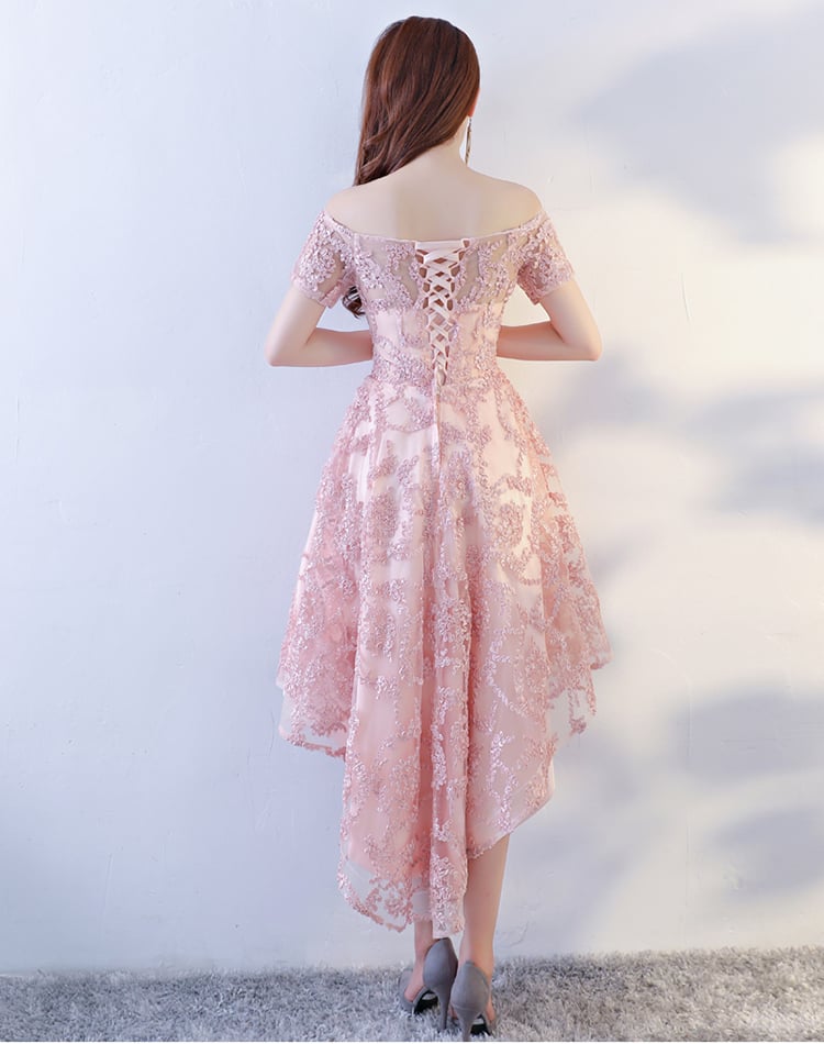 Pink Lace High Low Homecoming Dress, Off Shoulder Short Prom Dress