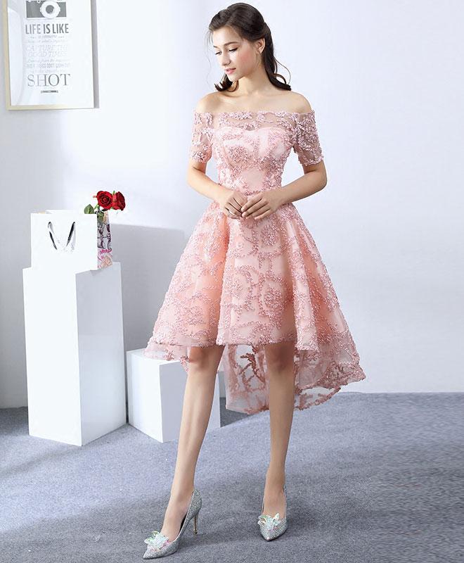 Pink Lace High Low Homecoming Dress, Off Shoulder Short Prom Dress