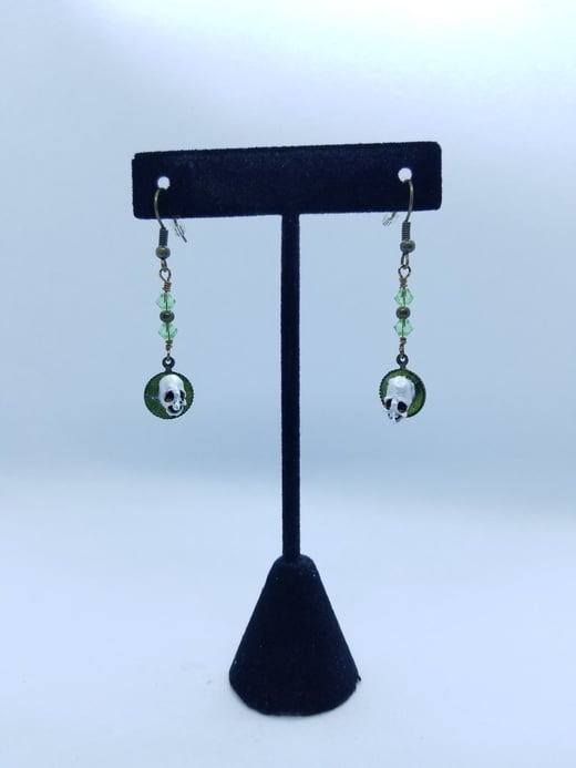 Glittering Green Enamel Fairy Skull Earrings With Peridot Swarovski Crystal Accents