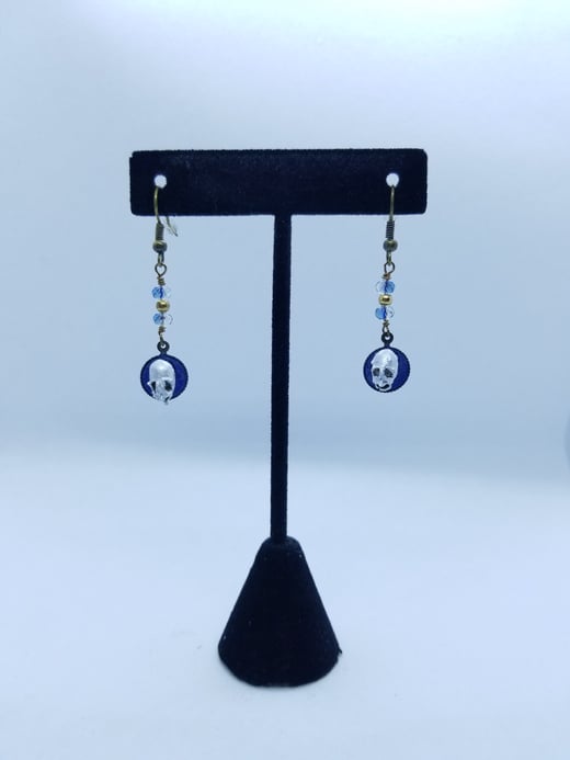 Sparkling Blue Enamel Fairy Skull Earrings With Blue Crystal Accents