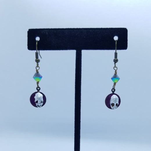 Dark Purple Enamel Fairy Skull Earrings With Scarabaeus Green Swarovski Crystal Accent