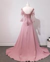 Pink Lace  Long Backless Long Sleeves Party Dress, A-line Pink Prom Dress