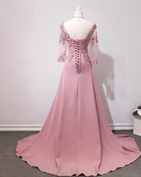 Image 3 of Pink Lace  Long Backless Long Sleeves Party Dress, A-line Pink Prom Dress