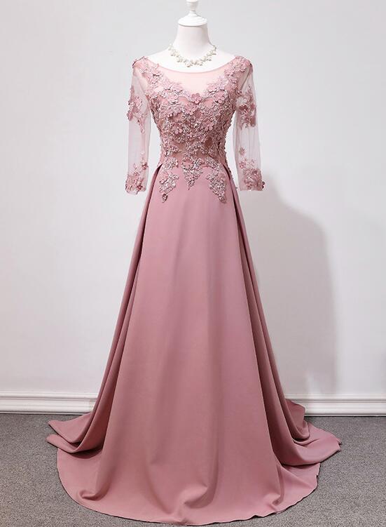 Pink Lace  Long Backless Long Sleeves Party Dress, A-line Pink Prom Dress