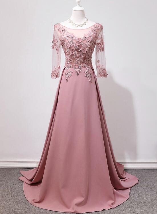 Pink Lace Long Backless Long Sleeves Party Dress, Aline Pink Prom
