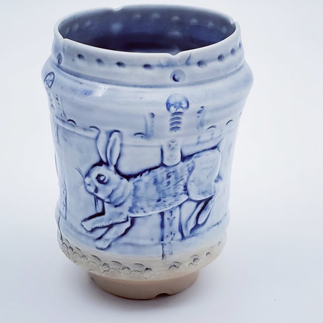 Rabbit Frolic Bas Relief Cobalt Vase