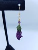 Gold Vermeil Wine Colored REAL Preserved Deadly Nightshade Flower Earrings w/ Swarovski Crystals