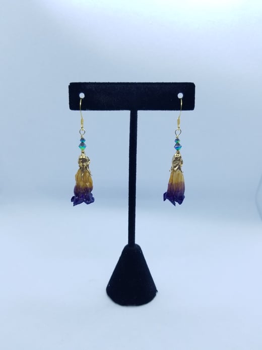 Gold Vermeil Dark Purple REAL Preserved Deadly Nightshade Flower Earrings w/ Swarovski Crystals