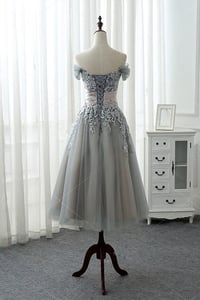 Image 2 of Elegant Grey Tea Length Lace Applique Bridesmaid Dress, Tulle Short Party Dress