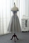 Elegant Grey Tea Length Lace Applique Bridesmaid Dress, Tulle Short Party Dress