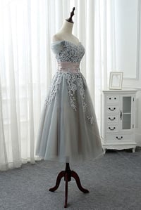 Image 3 of Elegant Grey Tea Length Lace Applique Bridesmaid Dress, Tulle Short Party Dress