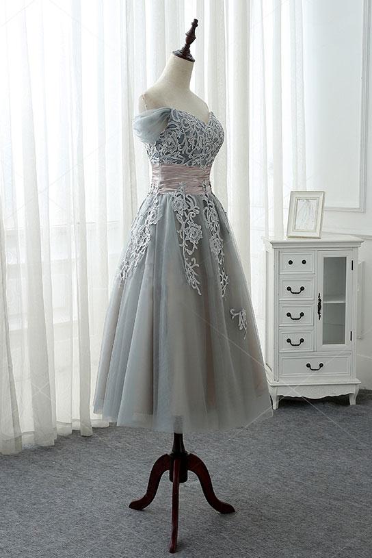 Elegant Grey Tea Length Lace Applique Bridesmaid Dress, Tulle Short Party Dress | BeMyBridesmaid Elegant Grey Tea Length Lace Applique Bridesmaid Dress, Tulle Short Party Dress | BeMyBridesmaid