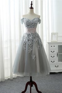 Image 1 of Elegant Grey Tea Length Lace Applique Bridesmaid Dress, Tulle Short Party Dress