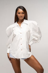 Image 1 of White Collared Shirt with Oversized Bishop Sleeve