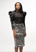Sequin Floral Pencil Skirt - Silver