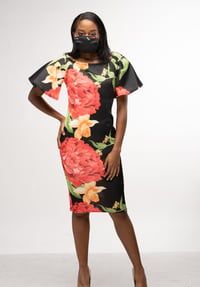 Image 1 of Black Floral Ruffle Sleeve Dress with Mask